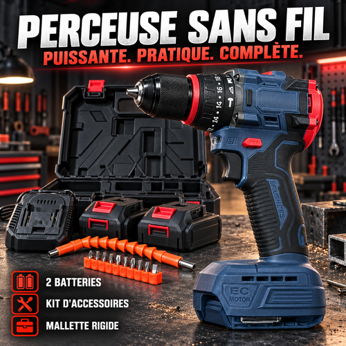 Perceuse sans fil Brushless EC Motor avec 2 batteries, kit accessoires et mallette